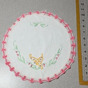 Embroidered Round Doily with Pink Trim